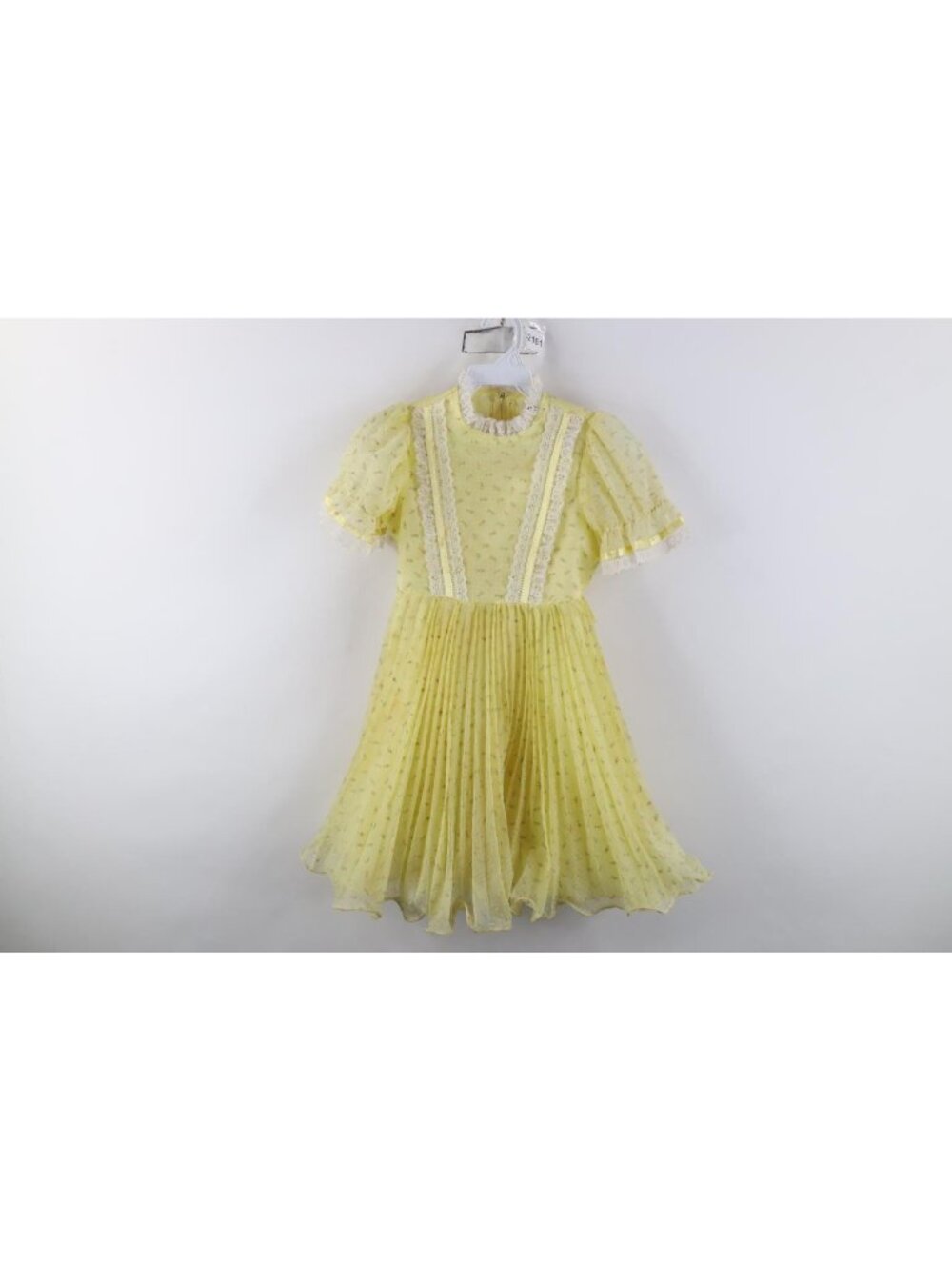 Vintage 70s Girls Size 7 Ruffled Lace Flower Cupcake Tea Party Dress Yellow USA